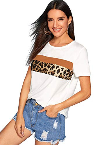 Floerns Women's Casual Leopard Printed Short Sleeve Color Block T Shirts Tops White Multi Colorblock S