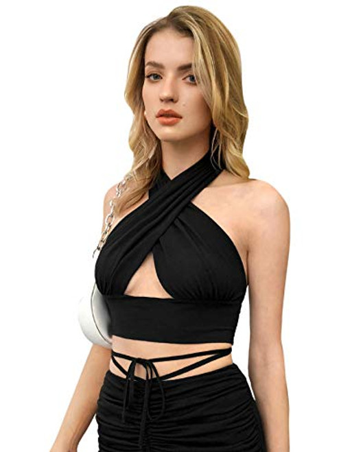 SweatyRocks Women's Halter Criss Cross Cut Out Backless Sleeveless Crop Tank Top Black S SweatyRocks Women's Halter Criss Cross Cut Out Backless Sleeveless Crop Tank Top Black S
