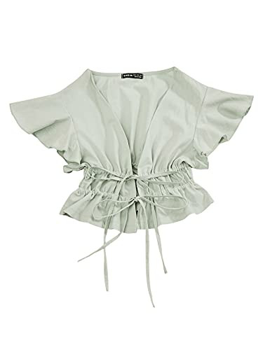 SheIn Women's Short Sleeve Tie Front Peplum Crop Top V Neck Ruffle Hem Blouse Mint Green Medium
