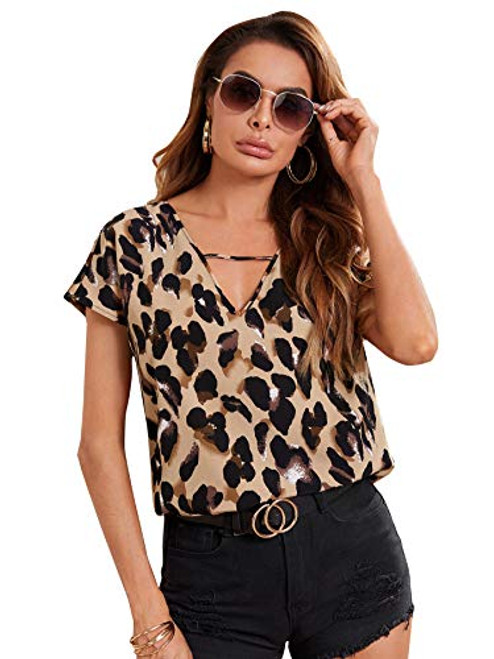 SOLY HUX Women's Leopard Print Keyhole Neck Short Sleeve Summer Top Blouse Multicoloured L SOLY HUX Women's Leopard Print Keyhole Neck Short Sleeve Summer Top Blouse Multicoloured L
