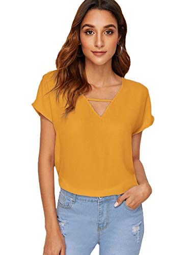 SweatyRocks Women's Casual Chiffon V Neck Solid Short Sleeve Blouse Top Yellow XS