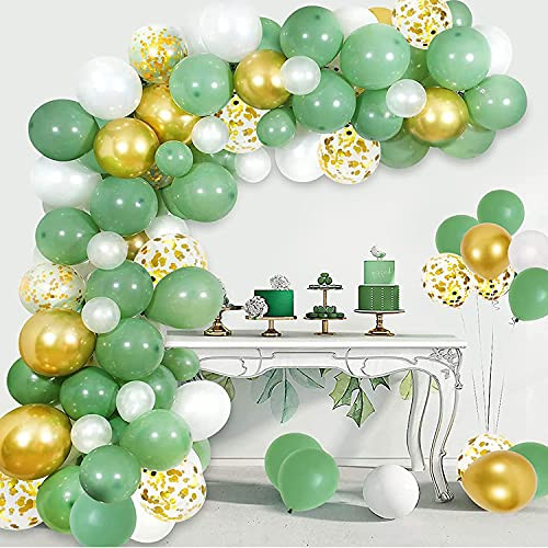 Olive Green Balloon Arch Garland Kit, EUIQUE Retro Sage Green Balloons Party Birthday Decorations with Gold Confetti Balloons, Gold and Pearl White Latex Balloons for Graduation Wedding Baby Shower Party Supplies