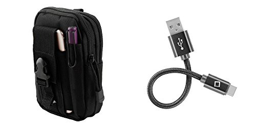 Google Pixel 2 / Pixel 2 XL - Bundle- Tactical EDC MOLLE Utility Waist Pack Holder Pouch -Black-, -4 inches- Heavy Duty Nylon Braided USB Type C -USB-C- Cable, Atom Cloth