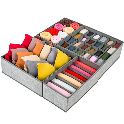 Drawer Organizers, 4 Set Foldable Sock Underwear Drawer Organizer and Closet Dividers, Storage Box for Clothes, Socks, Underwear -4 Bins, Grey- Drawer Organizers, 4 Set Foldable Sock Underwear Drawer Organizer and Closet Dividers, Storage Box for Clothes, Socks, Underwear -4 Bins, Grey-