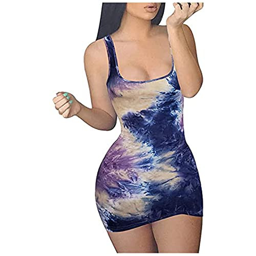 Casual Summer Dress for Women,U-Neck Sleeveless Tie-Dye/Print Tank Dress Party Prom Club Sexy Slim Wrap Hip Mini Dress