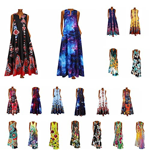 UQGHQO Summer Dress for Women Casual,Womens Vintage Boho V Neck Sleeveless Tank Dress Floral Print Beach Long Maxi Dress White