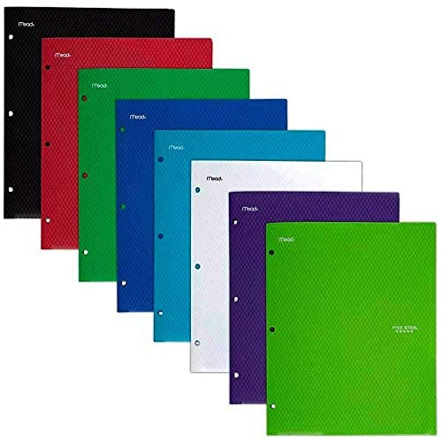 Set of 2 Five Star 2 Pocket Folders, Stay-Put Folders, Plastic Colored Folders with Pockets  and  Prong Fasteners for 3-Ring Binders, Assorted - Color Selected for You