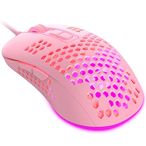 Lightweight Gaming Mouse Wired,USB Optical Computer Mice with RGB Backlit,4 Adjustable DPI Up to 2400,Ergonomic Gamer Laptop PC Mouse with Honeycomb Shell for Windows 7/8/10/XP Vista Linux -Pink