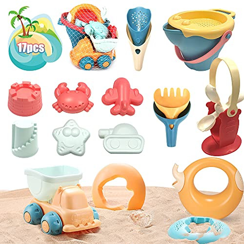 BIANHUA Kids Beach Sand Toys, 17Pcs Beach Toys Set with Bucket, Sand Molds, Watering Can, Shovels, Sand Sieve,Mesh Bag, Sandbox Toys for Kids and Toddlers, Outdoor Play for Boys, Girls