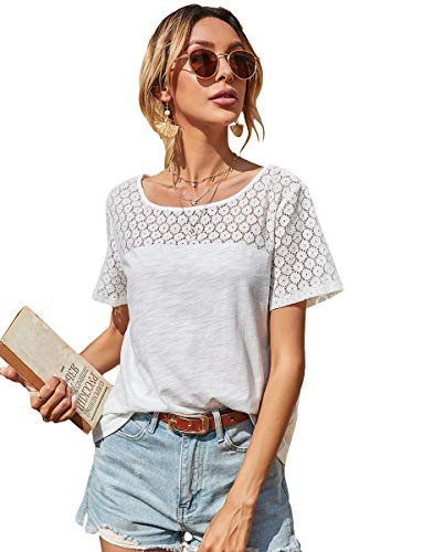 Romwe Women's Casual Short Sleeve Round Neck Lace Plain T Shirt Tee Tops White S
