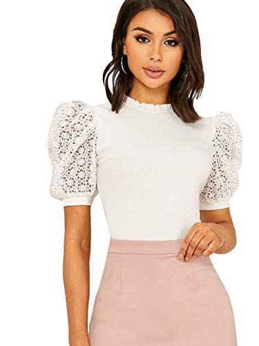 Romwe Women's Summer Puff Short Sleeve Mock Neck Casual Blouse Tops White XL