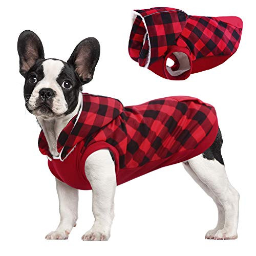 Kuoser British Style Plaid Dog Winter Coat, Windproof Cozy Cold Weather Dog Coat Fleece Lining Dog Apparel Reflective Dog Jacket Dog Vest for Small Medium Dogs with Removable Hat Red XXS