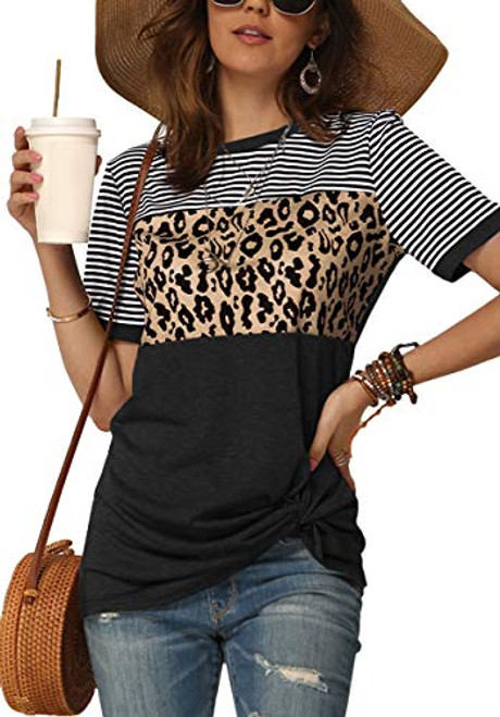 Maisolly Women Twist Knot Short Sleeve Color Block Striped Tops Cotton Summer Leopard Print T Shirts Black XL Maisolly Women Twist Knot Short Sleeve Color Block Striped Tops Cotton Summer Leopard Print T Shirts Black XL