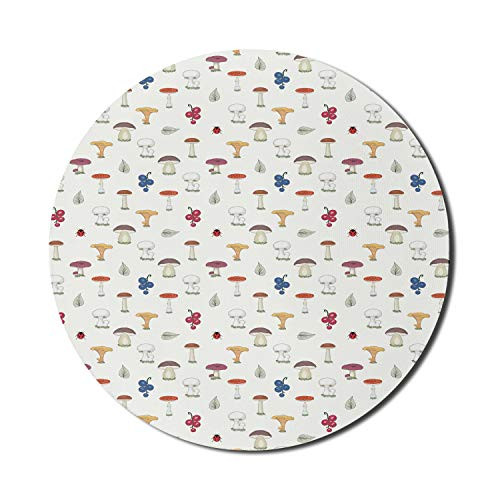 Ambesonne Mushroom Mouse Pad for Computers, Chanterelles Button and Wild Fungus Repeating Pattern with Berries and Leaves, Round Non-Slip Thick Rubber Modern Gaming Mousepad, 8" Round, Multicolor