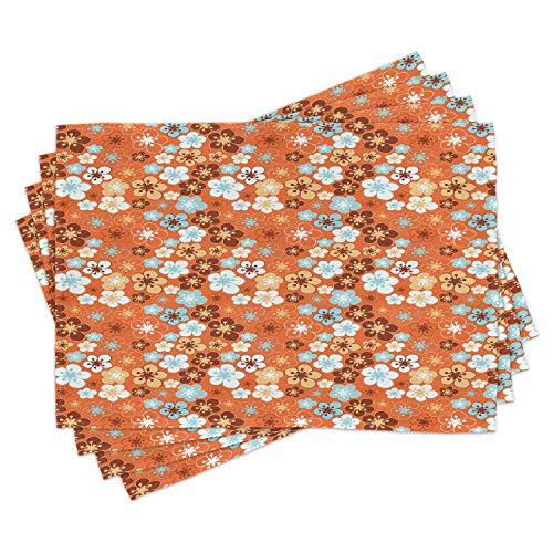 Ambesonne Orange Place Mats Set of 4, Old Fashioned Doodle Flora Abstract Blooming Meadow in Summer Theme, Washable Fabric Placemats for Dining Room Kitchen Table Decor, Sky Blue Orange Brown