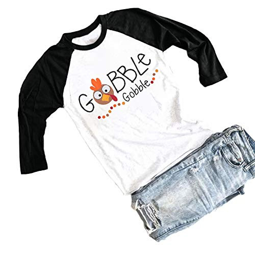 KIDDAD Gobble Gobble Baseball T-Shirt Women Thanksgiving Turkey Print 3/4 Sleeve Raglan Tops Tees -XL, Dark Gray-
