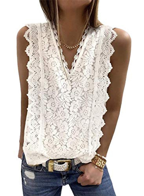 Summer Cami Blouses White Lace Crochet Sleeveless Tunic Shirt V Neck Petite Tank Top for Womens