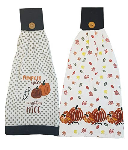 SeasonsEasy Fall Kitchen Print Towels, Set of 2 Hanging Tie-Top with Button Loop Cotton Towels Pumpkin Spice Harvest Leaves for Decorating and Household Tasks