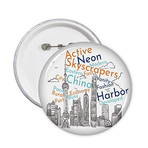 China City Landmark Skyscraper Wordcloud Pins Badge Button Emblem Accessory Decoration 5pcs