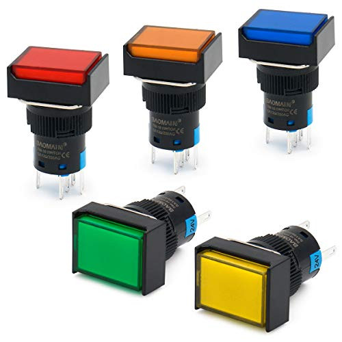 Baomain 16mm Push Button Switch Latching Rectangular Cap LED Lamp Red Yellow Orange Blue Green Light DC 24V SPDT 5 Pin 5 Pack