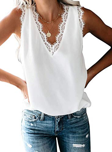 VIISHOW Womens V Neck Lace Trim Cami Tank top Casual Sleeveless Lightweight Blouse White Shirt, White, X-Small