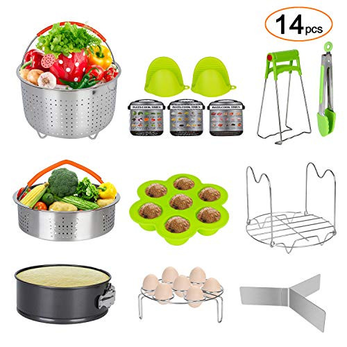 K Kwokker 14 Pieces Accessories Set with Instant Pot For 5,6,8 Qt - Steamer Baskets, Spring form Pan, Egg Bites Mold,Egg Steamer Rack,Dish Plate Clip, Kitchen Tong, Oven Mitts, Magnetic Cheat Sheets