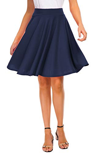 EXCHIC Womens Basic Skirt A-Line Midi Dress Casual Stretchy Skater Skirt -L, Navy-