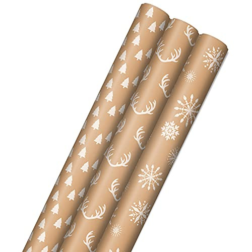 Hallmark Recyclable Kraft Wrapping Paper with Cut Lines -3 Rolls- 90 Sq. Ft. Ttl.- Minimalist Christmas, White Trees, Deer Antlers, Snowflakes on Brown Kraft for Holidays, Weddings, Winter Solstice Hallmark Recyclable Kraft Wrapping Paper with Cut Lines -3 Rolls- 90 Sq. Ft. Ttl.- Minimalist Christmas, White Trees, Deer Antlers, Snowflakes on Brown Kraft for Holidays, Weddings, Winter Solstice