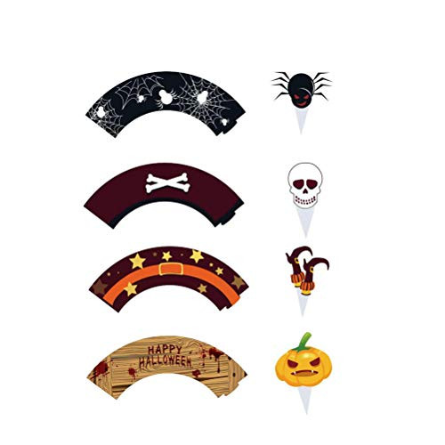 HEMOTON Good 48pcs/4 Sets Halloween Theme Cake Decoration Wraps Cartoon Cupcake Wrappers and Toppers Party Supplies