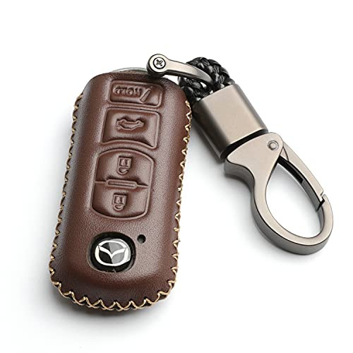 WFMJ Leather for Mazda 3 5 6 CX-7 CX-9 MX-5 Miata Remote Smart 4 Buttons Key Case Holder Cover Fob Chain -Brown-