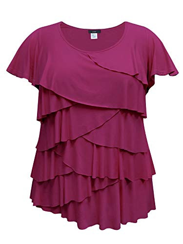 LEEBE Women's Plus Size Crew Neck Ruffle Top -1X-5X- -2X, Wine-