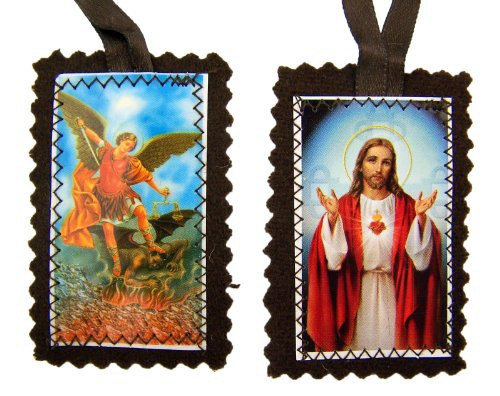 Religious Art Sacred Heart Jesus Christ with Archangel Saint St Michael Brown Cloth 21 Inch Scapular Necklace