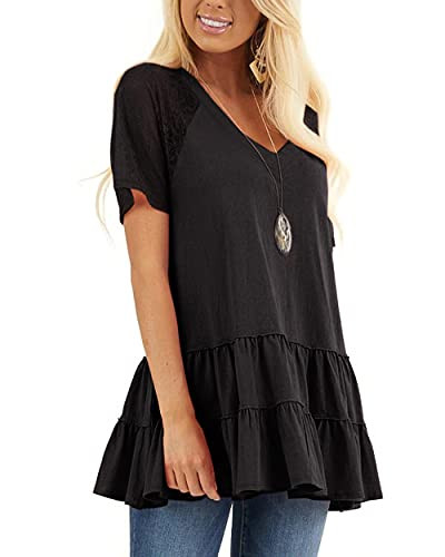 Yousify Women Casual Ruffle Hemline Tunic T-Shirt with Laced Short Sleeves V Neck Tee Blouse Top Black