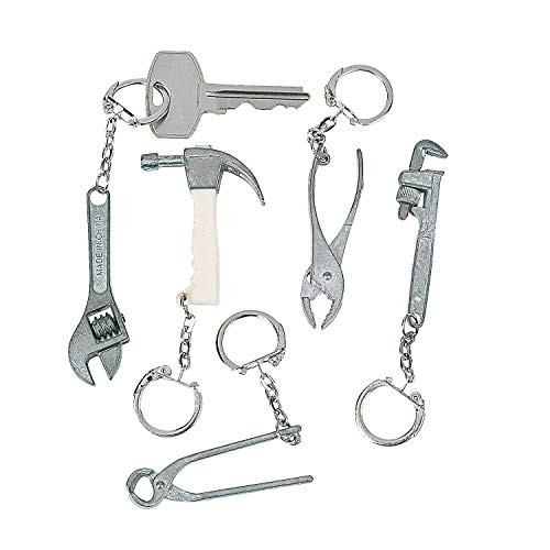 Fun Express Mini Tool Key Chains - Set of 12 Metal Novelty Key Chains - Party Favors and Giveaways