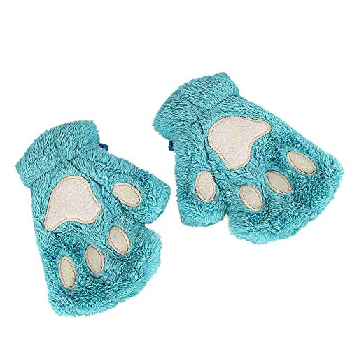 Women Fur Gloves - Womens Cat Paw Gloves Winter Plush Faux Fur Cute Kitten Fingerless Mittens - Winter Knit Warm Fingerless Hand Warmer - Wrist Arm Warmer Knitted Keyboard Long Fingerless Gloves