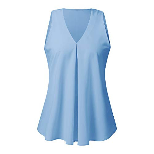 Women V Neck Vest Blouse Chiffon Tanks Tops Loose Sleeveless T Shirt Solid Color Flowy Shirt Plus Size Tees Tuncis Tops -Light Blue, XXXXXL-