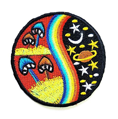 ONCEX Yin Yang Mushroom Rainbow Red Nature World Galaxy Embroidered Applique Iron On Sew On Patch Yin Yang Fashion Design Patches Accessory Craft DIY Clothes Jeans T-Shirt Hat Backpacks
