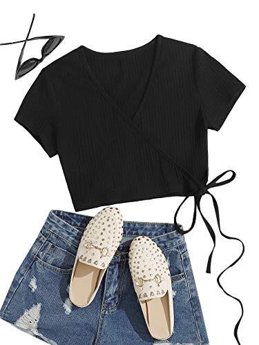 Romwe Women's Ribbed Short Sleeve Tie Knot Wrap V Neck Crop Tops T Shirts Tee Black S