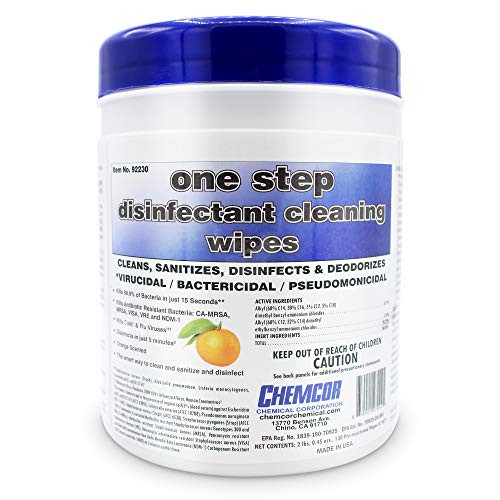 Chemcor Sanitizing and Disinfecting Wipes - 130 Count Canister - One Step Disinfectant Wipes, Kills Cold and Flu Viruses - Cleans, Sanitizes, Disinfects and Deodorizes