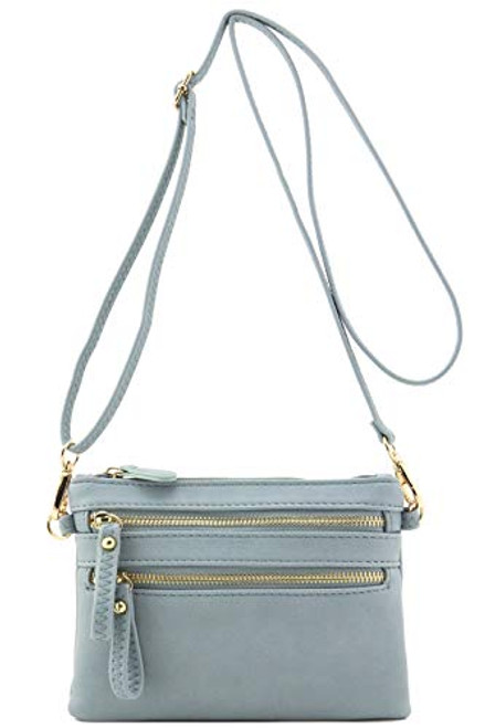 Multi Zipper Pocket Small Wristlet Crossbody Bag -Blue Grey-