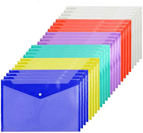 Envelope Folder with Snap Button Closure, Premium Quality Clear Plastic Envelopes,30 PCS Waterproof Transparent Project Envelope Folder, A4 Letter Size -Multicolor-