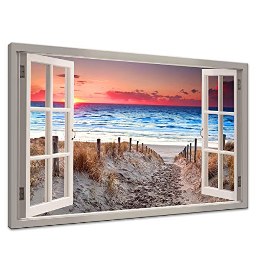 Window View Sand footprints Canvas Print Paintings for Wall Decor Seascape Giclee Landscape Pictures Paintings on Modern Stretched and Framed Canvas Wall Art Sea Beach Pictures Artwork (24X36inch)