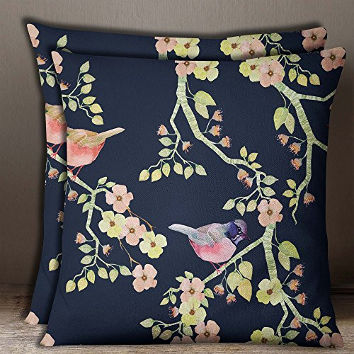 S4Sassy Square Bird & Floral Print Pillow Case 2 Pcs Cotton Poplin Cushion Cover 