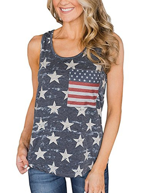 4th of July Shirt for Women USA American Flag Tank Top Racerback Stripes Stars Patriotic Sleeveless T Shirts Tops -L, Grey Blue-