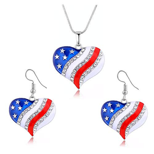 Patriotic Jewelry for Women - American Flag Necklace for Women - Red White Blue Jewelry - USA Heart Necklace and Earrings for Women - 4th of July Accessory - American Patriotic Party Favors - Mall of Style -Heart Jewelry Set-