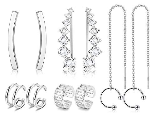 FINREZIO 5 Pairs Ear Cuffs Earrings for Women Tassel Hoop Climber Crawler Earrings Non Piercing Clip On Cartilage Earrings Wave Cuff Threader Earrings Set