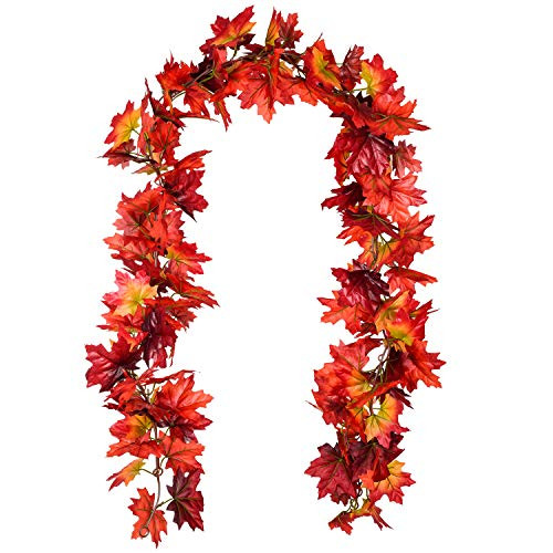 Artiflr 2 Pack Fall Garland Maple Leaf, 5.5Ft/Piece Hanging Vine Garland Artificial Autumn Foliage Garland Thanksgiving Decor for Home Wedding Fireplace Party,Red
