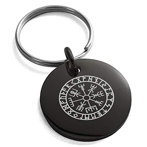Tioneer Black Stainless Steel Icelandic Vegvisir Viking Rune Symbol Small Medallion Circle Charm Keychain Keyring Tioneer Black Stainless Steel Icelandic Vegvisir Viking Rune Symbol Small Medallion Circle Charm Keychain Keyring