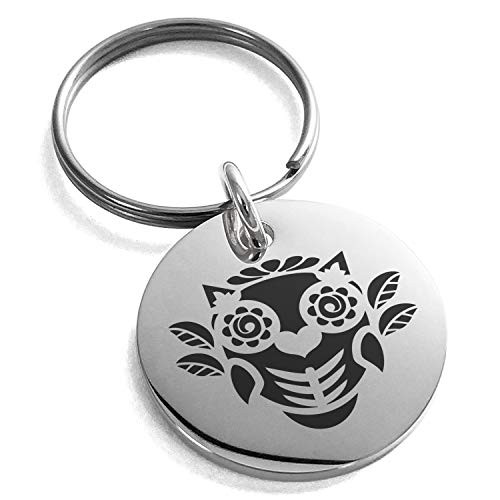 Tioneer Stainless Steel Day of The Dead Owl Symbol Small Medallion Circle Charm Keychain Keyring Tioneer Stainless Steel Day of The Dead Owl Symbol Small Medallion Circle Charm Keychain Keyring