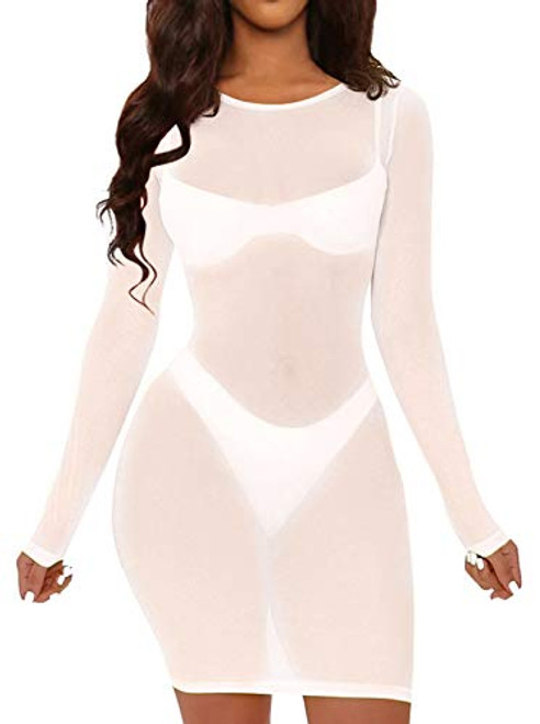 Choichic Sexy Cover Ups for Swimwear Sheer Mesh Long Sleeve See Through Bikini Beach Dress White Medium